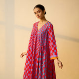 Checkered Overlap Mulmul Cotton Dress - Red & Purple