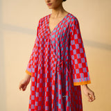 Checkered Overlap Mulmul Cotton Dress - Red & Purple