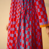 Checkered Overlap Mulmul Cotton Dress - Red & Purple
