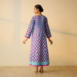 Checkered Overlap Mulmul Cotton Dress - Purple & Candy Pink