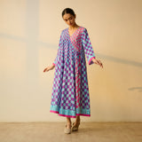 Checkered Overlap Mulmul Cotton Dress - Purple & Candy Pink