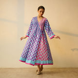 Checkered Overlap Mulmul Cotton Dress - Purple & Candy Pink