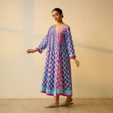 Checkered Overlap Mulmul Cotton Dress - Purple & Candy Pink