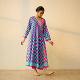 Checkered Overlap Mulmul Cotton Dress - Purple & Candy Pink