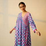 Checkered Overlap Mulmul Cotton Dress - Purple & Candy Pink
