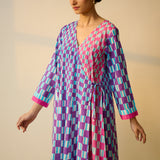 Checkered Overlap Mulmul Cotton Dress - Purple & Candy Pink