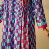 Checkered Overlap Mulmul Cotton Dress - Purple & Candy Pink