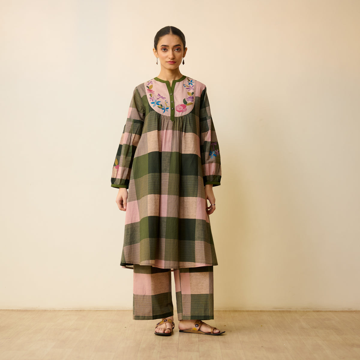 Garden Flora Fine Slub Cotton Kurta Set - Moss Green and Hues