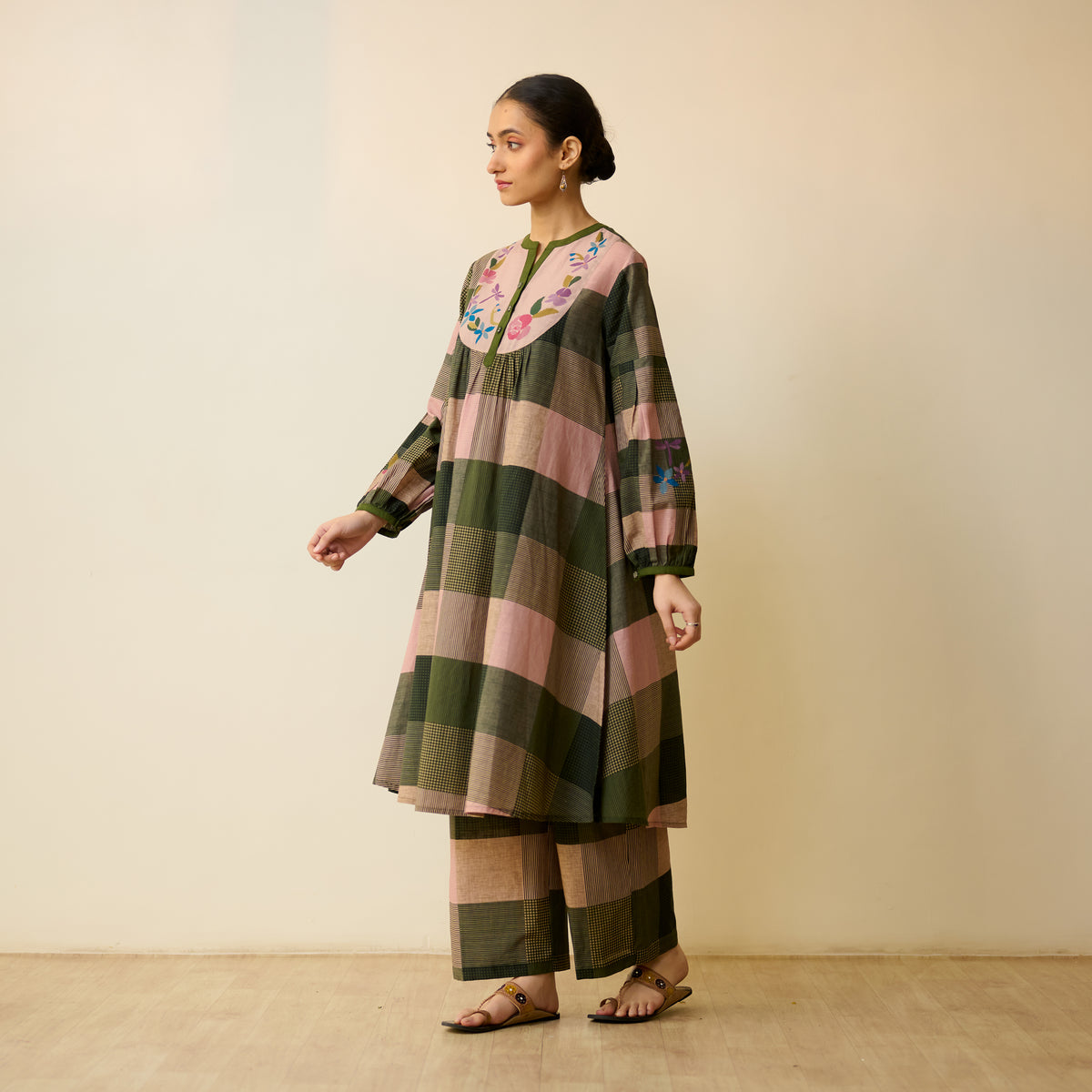 Garden Flora Fine Slub Cotton Kurta Set - Moss Green and Hues