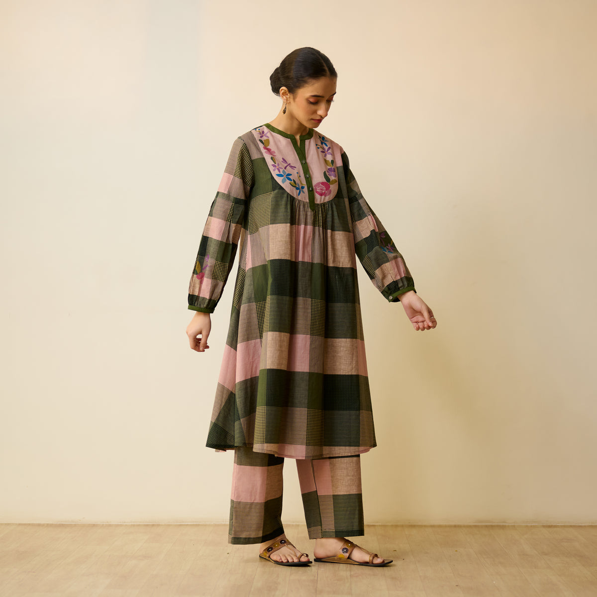 Garden Flora Fine Slub Cotton Kurta Set - Moss Green and Hues