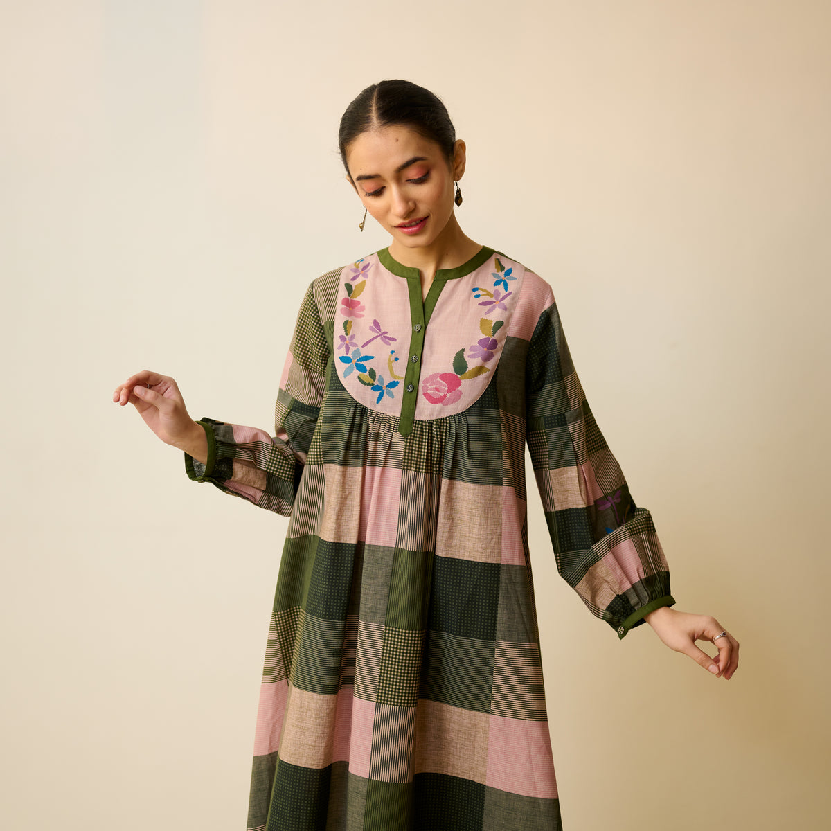 Garden Flora Fine Slub Cotton Kurta Set - Moss Green and Hues