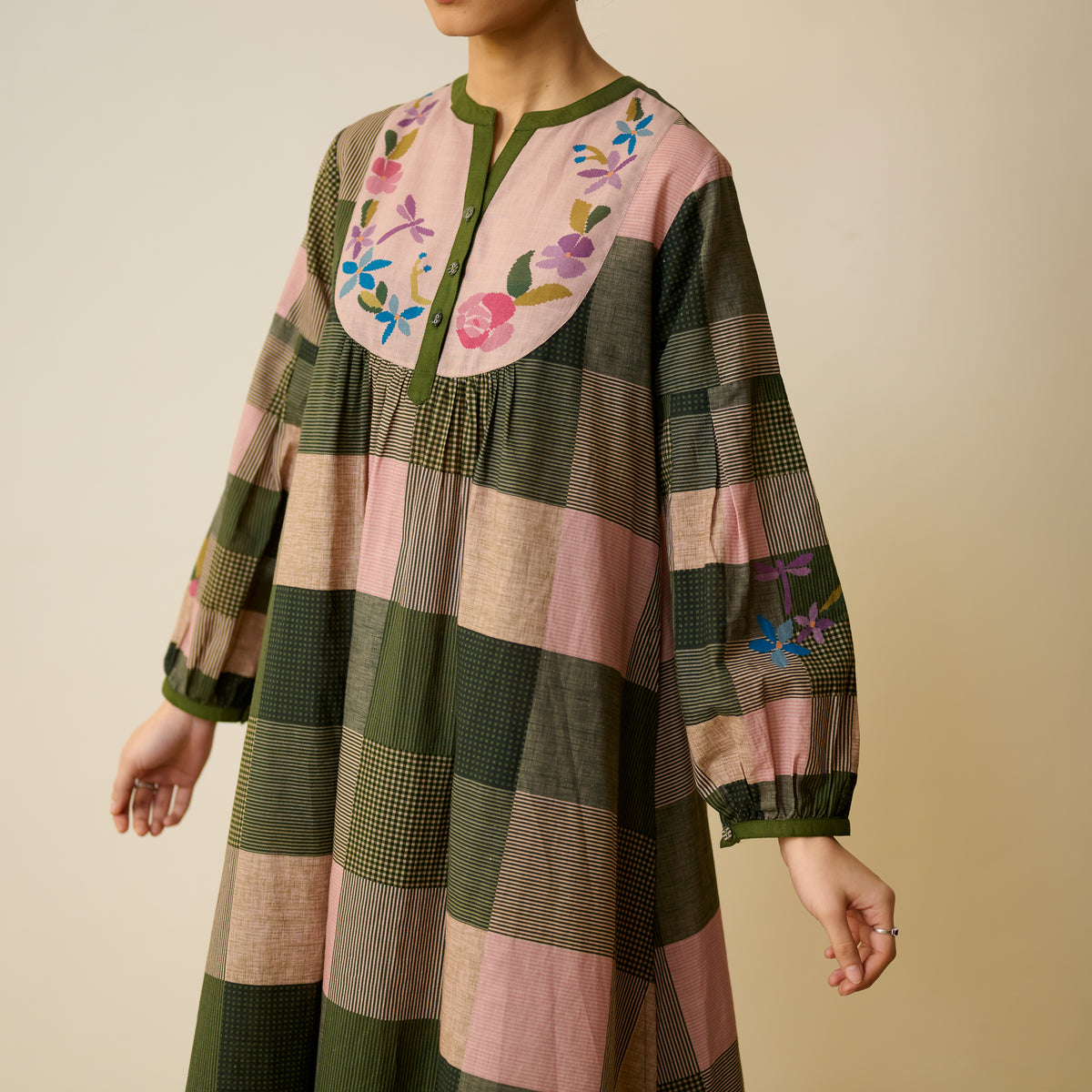 Garden Flora Fine Slub Cotton Kurta Set - Moss Green and Hues