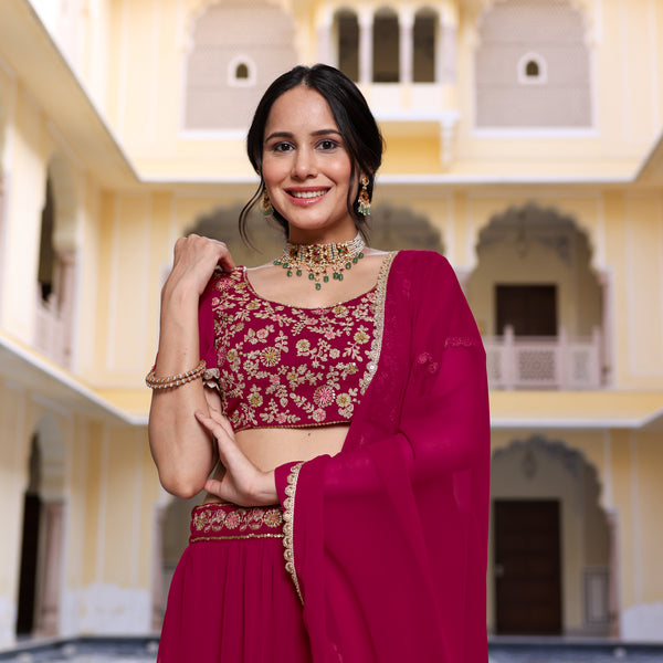 Pink Lehenga Set with Embroidered Blouse & Tiered Lehenga
