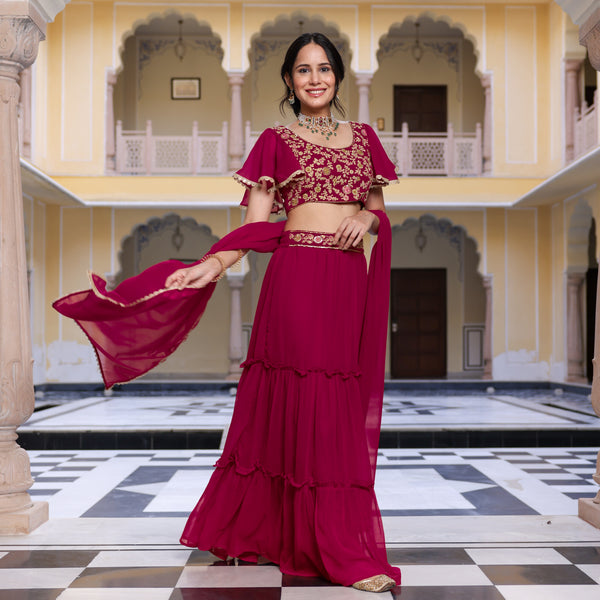 Pink Lehenga Set with Embroidered Blouse & Tiered Lehenga