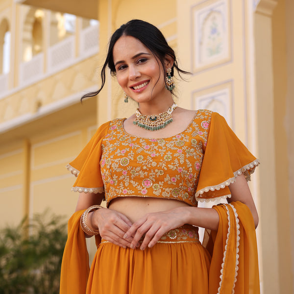 Mustard Lehenga Set with Embroidered Blouse & Tiered Lehenga
