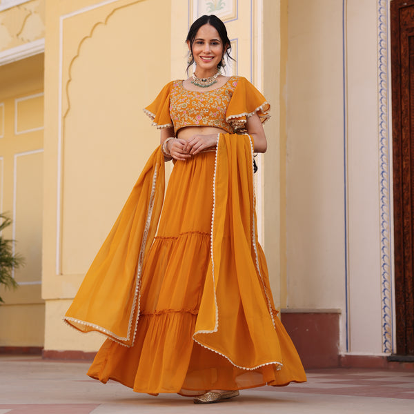 Mustard Lehenga Set with Embroidered Blouse & Tiered Lehenga
