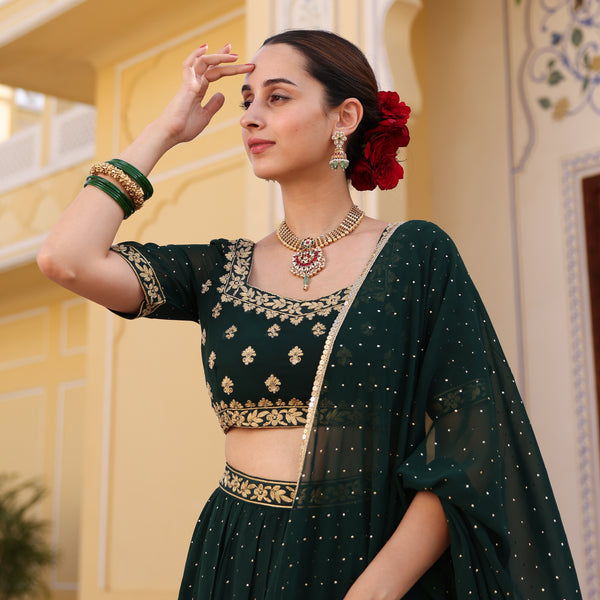 Emerald Green Embroidered Lehenga Set with Mukaish Work