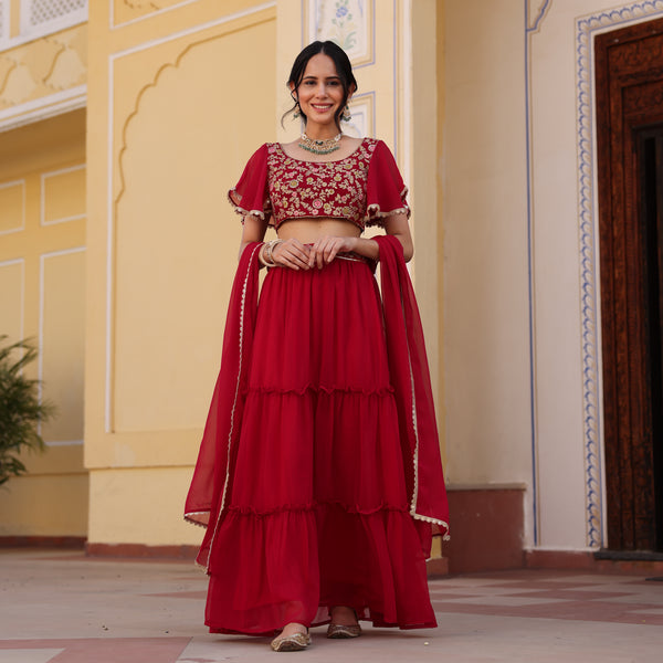 Red Lehenga Set with Embroidered Blouse & Tiered Lehenga