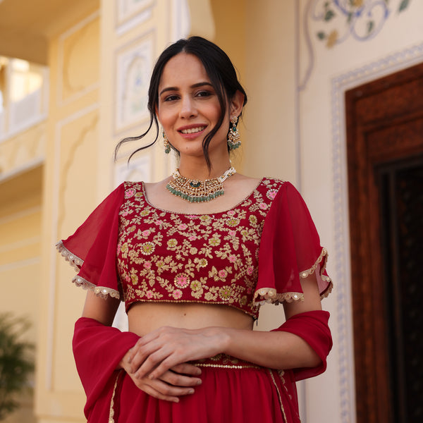 Red Lehenga Set with Embroidered Blouse & Tiered Lehenga