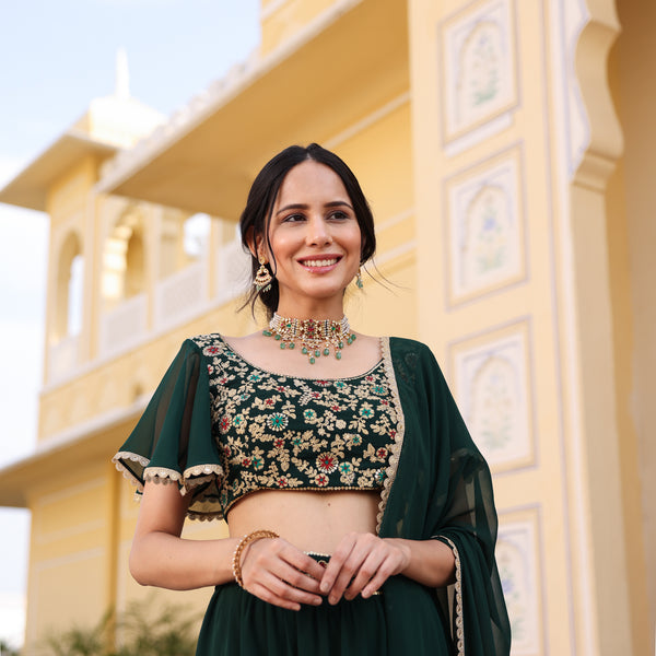 Emerald Green Lehenga Set with Embroidered Blouse & Tiered Lehenga