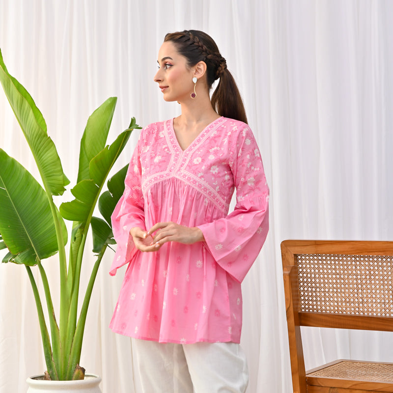 Baby Pink Sanganeri Print Tunic with Bell Sleeves