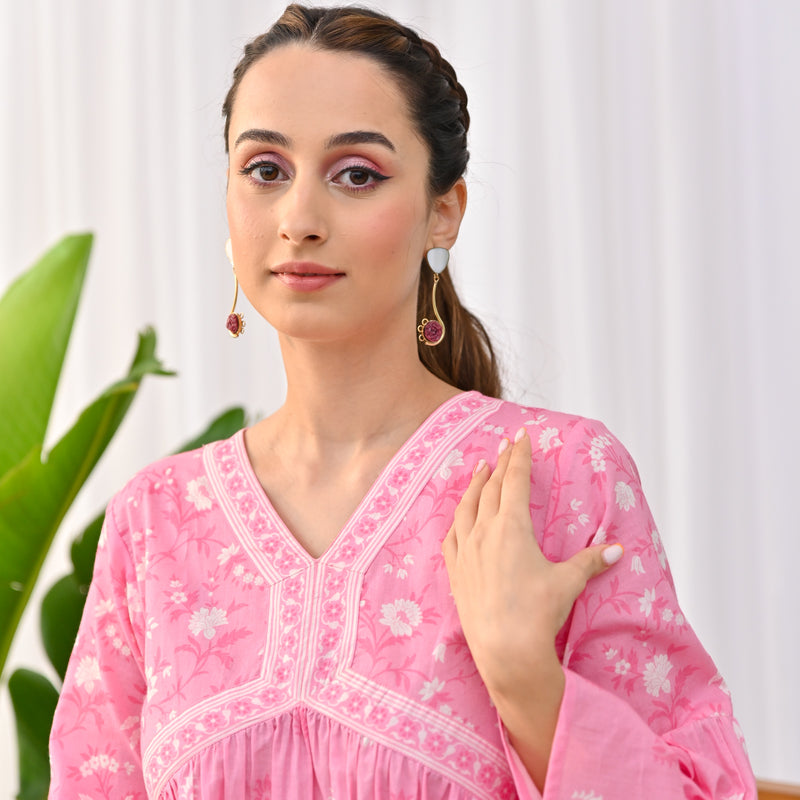 Baby Pink Sanganeri Print Tunic with Bell Sleeves