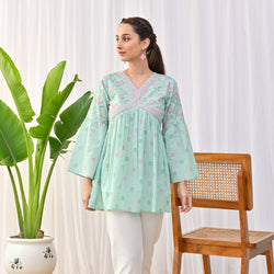 Mint Sanganeri Print Tunic with Bell Sleeves
