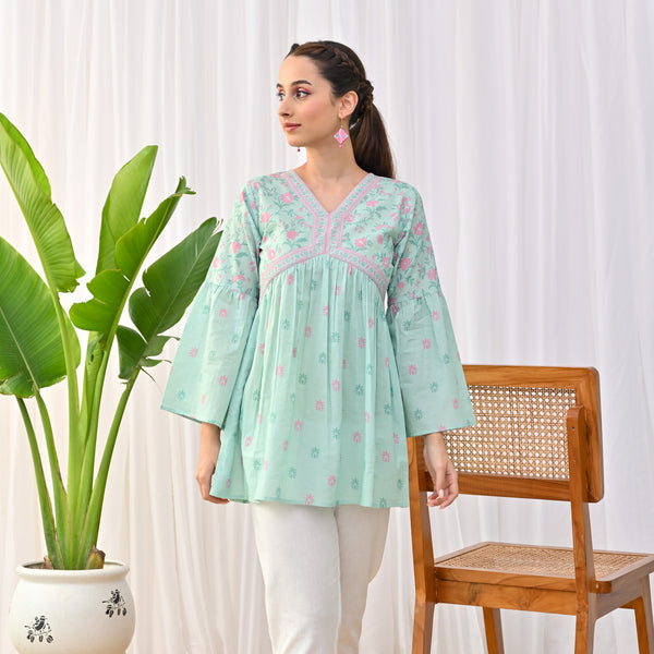 Mint Sanganeri Print Tunic with Bell Sleeves