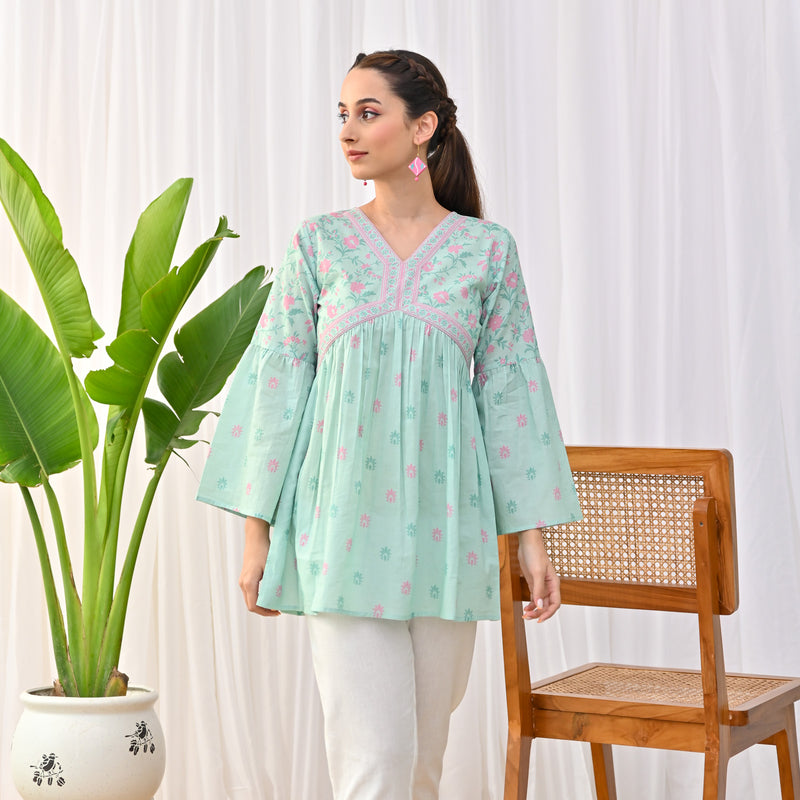 Mint Sanganeri Print Tunic with Bell Sleeves