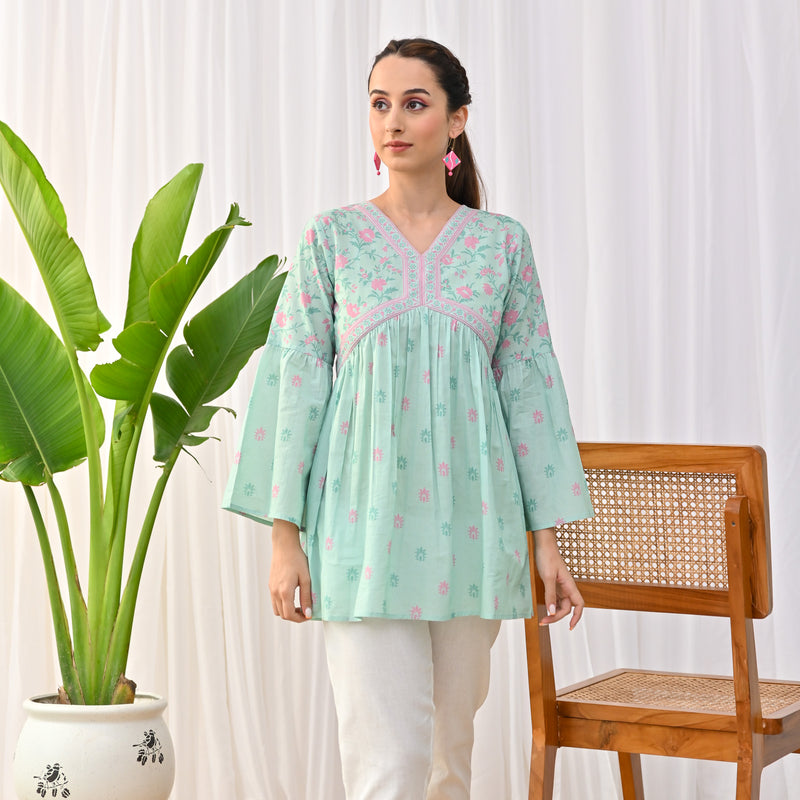 Mint Sanganeri Print Tunic with Bell Sleeves