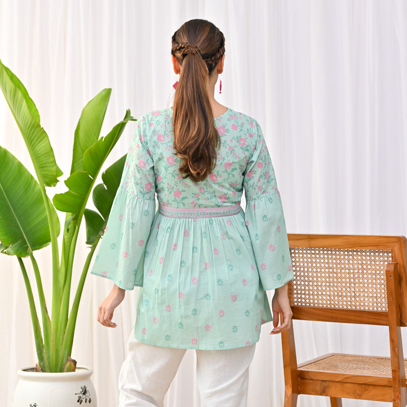 Mint Sanganeri Print Tunic with Bell Sleeves