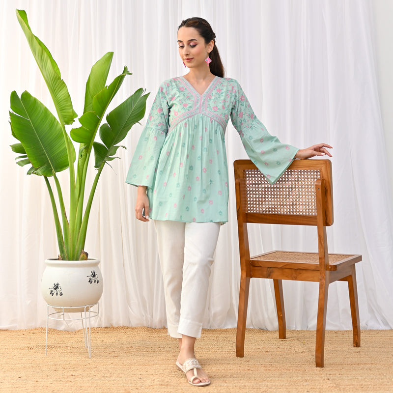 Mint Sanganeri Print Tunic with Bell Sleeves