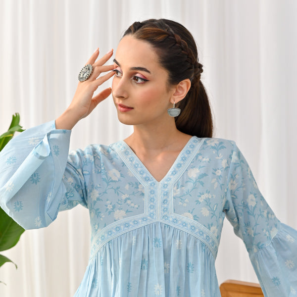 Sky Blue Sanganeri Print Tunic with Bell Sleeves