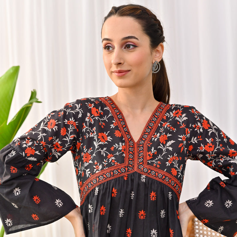 Black Sanganeri Print Tunic with Bell Sleeves