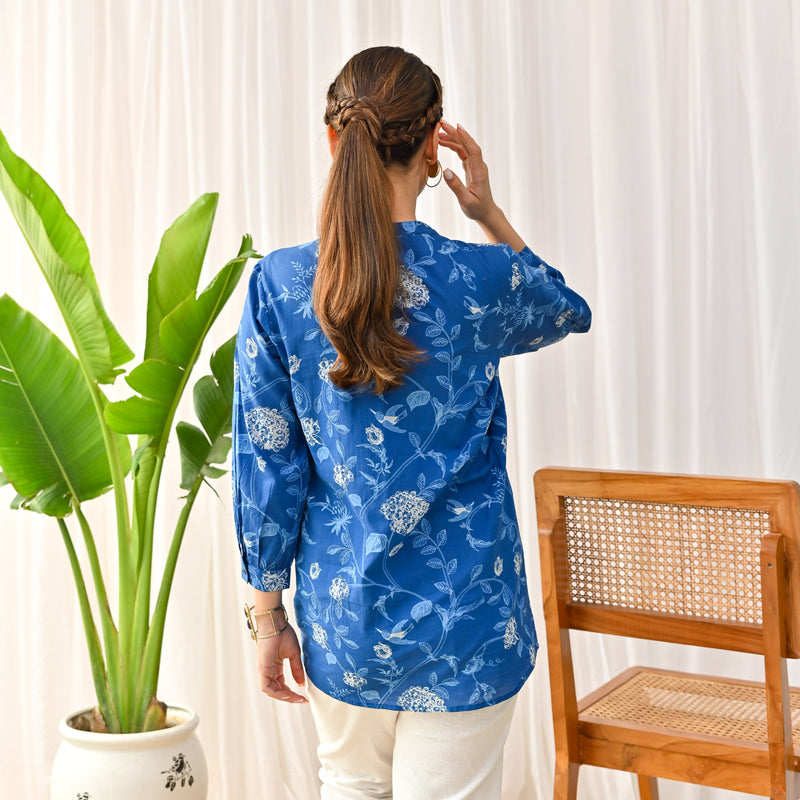 Indigo Sanganeri Printed Shirt Tunic with Pintuck Details