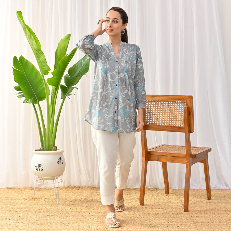 Grey Sanganeri Printed Shirt Tunic with Pintuck Details