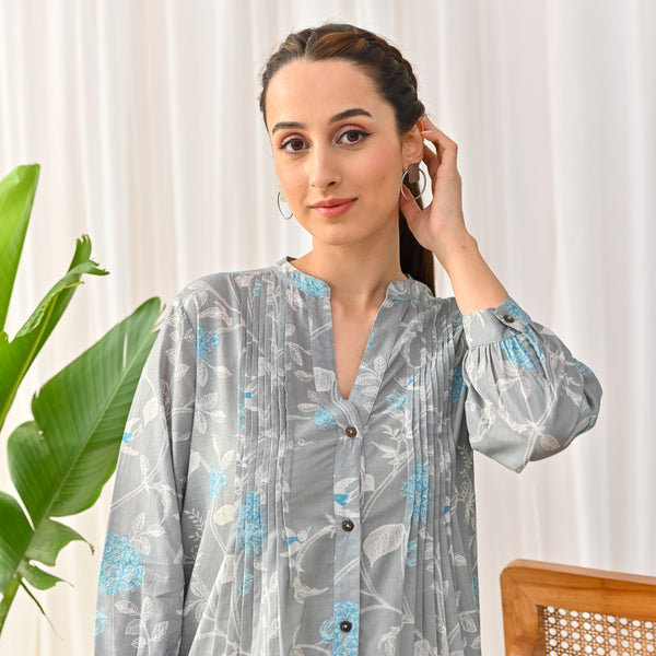 Grey Sanganeri Printed Shirt Tunic with Pintuck Details