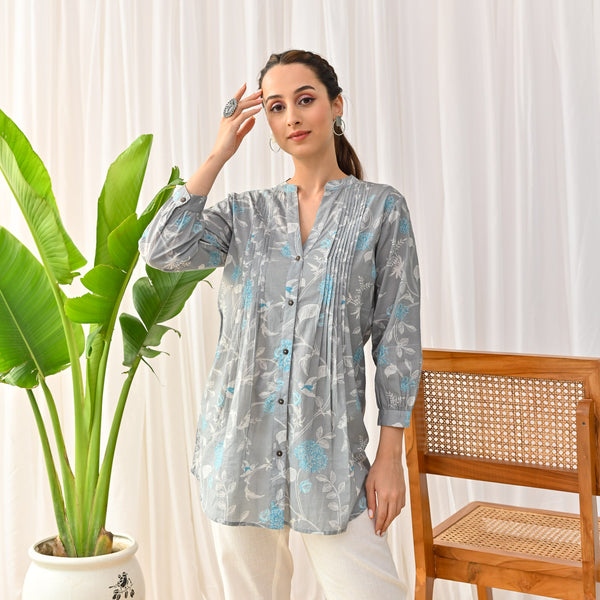 Grey Sanganeri Printed Shirt Tunic with Pintuck Details