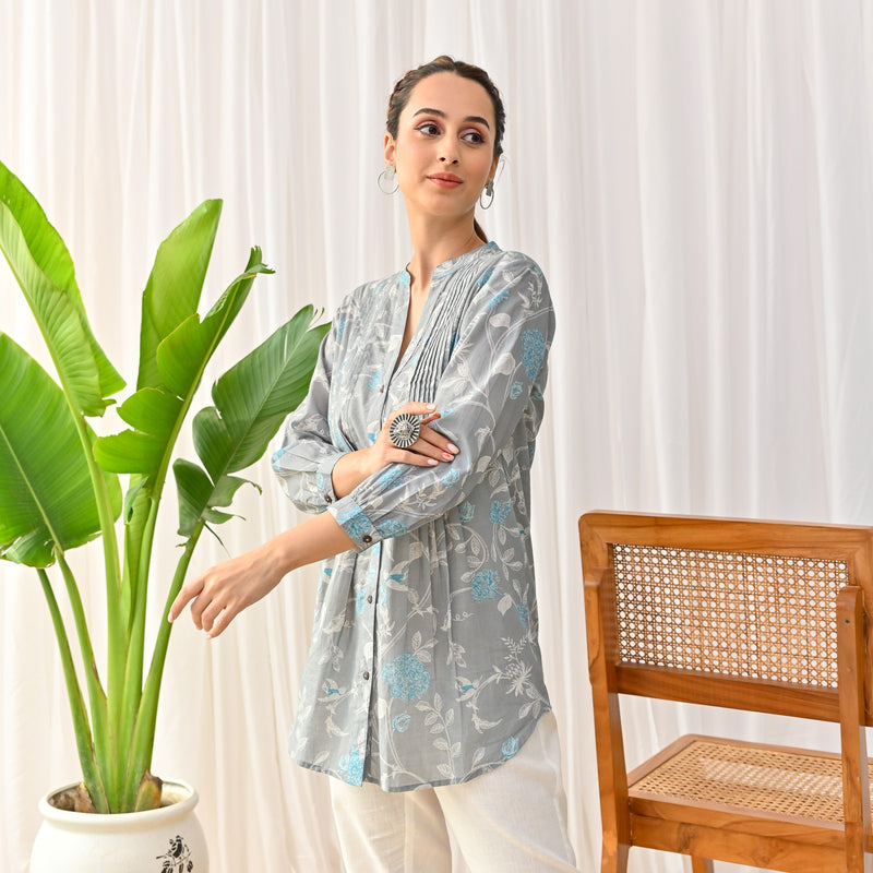 Grey Sanganeri Printed Shirt Tunic with Pintuck Details