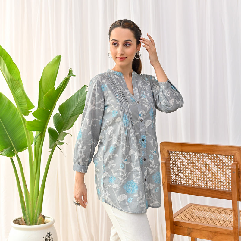 Grey Sanganeri Printed Shirt Tunic with Pintuck Details