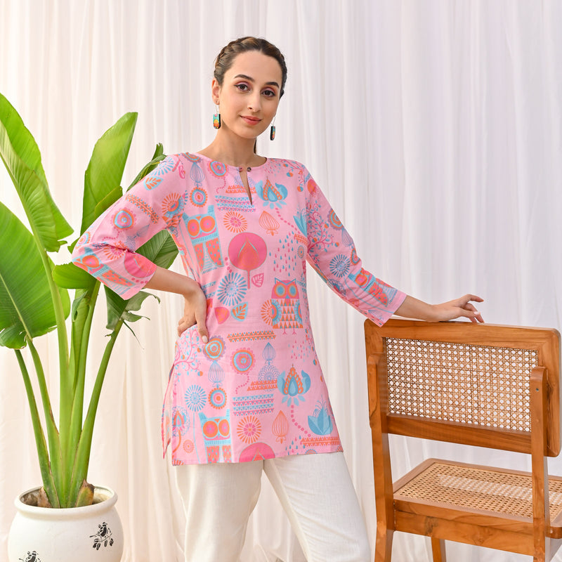 Baby Pink Owl Printed Tunic