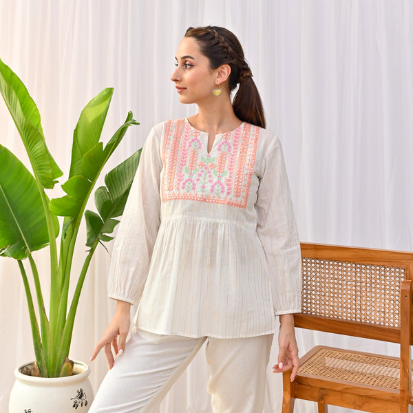 Off White Peplum Top with Multicoloured Embroidery Detail