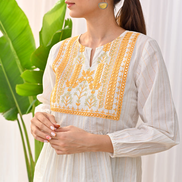 Off White Peplum Top with Yellow Embroidery Detail