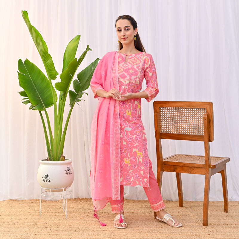 Pink Ikat Inspired Salwar Kurta Set with Dupatta