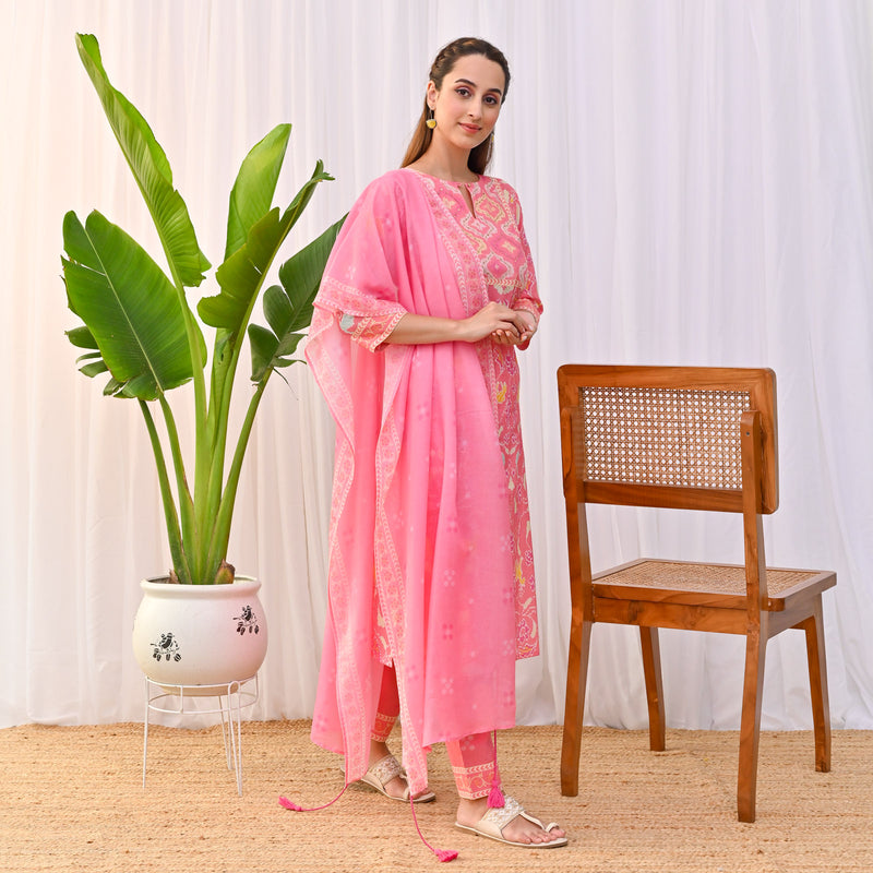 Pink Ikat Inspired Salwar Kurta Set with Dupatta