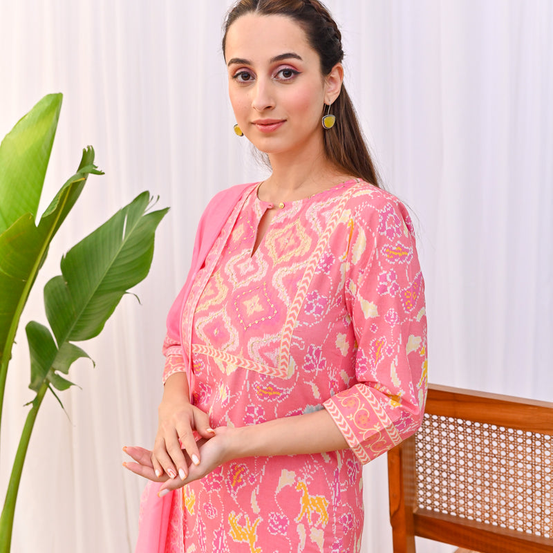 Pink Ikat Inspired Salwar Kurta Set with Dupatta