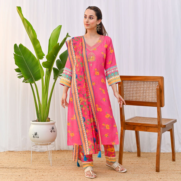 Pink Lotus Printed Salwar Kurta Set with Dupatta & Neck Embroidery Detail