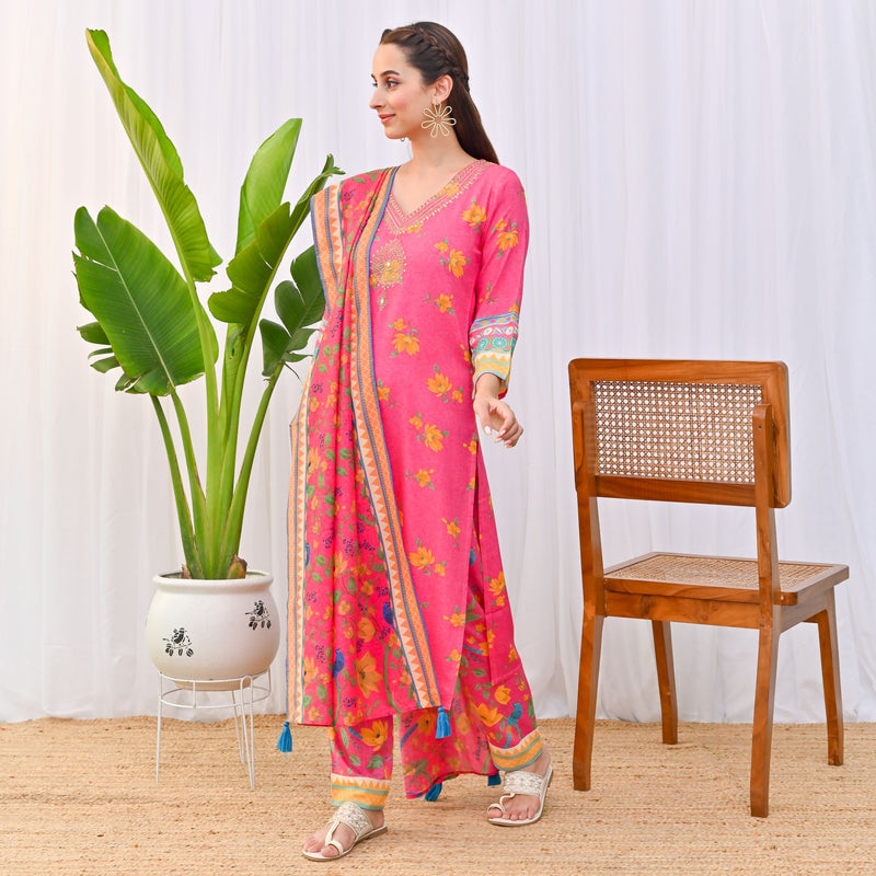 Pink Lotus Printed Salwar Kurta Set with Dupatta & Neck Embroidery Detail