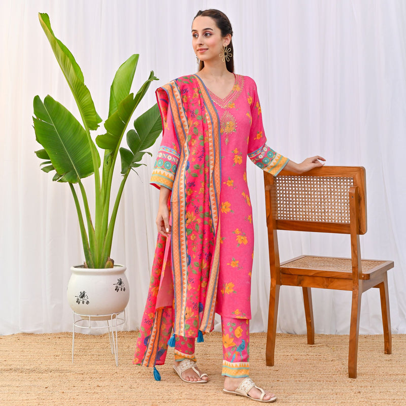 Pink Lotus Printed Salwar Kurta Set with Dupatta & Neck Embroidery Detail