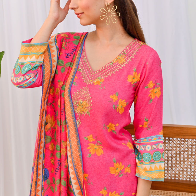 Pink Lotus Printed Salwar Kurta Set with Dupatta & Neck Embroidery Detail